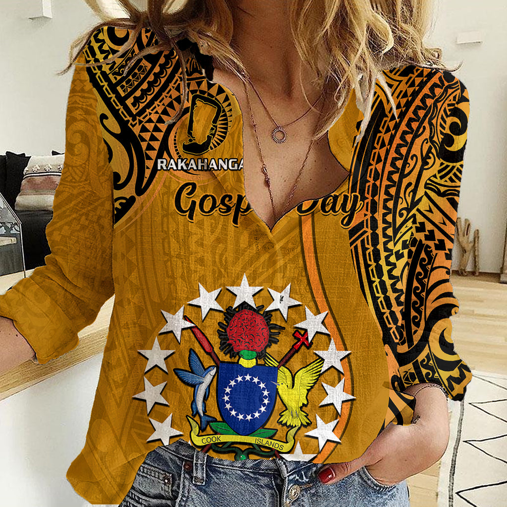 Personalised 15 August Rakahanga Island Gospel Day Women Casual Shirt Cook Islands Tribal Pattern LT14 Female Orange - Polynesian Pride