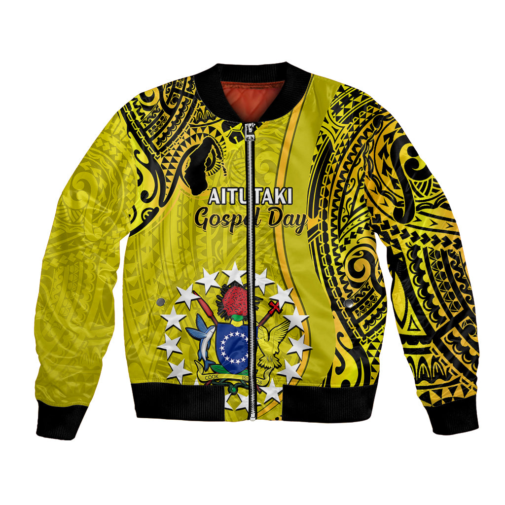 Personalised 27 October Aitutaki Island Gospel Day Bomber Jacket Cook Islands Tribal Pattern LT14 Unisex Gold - Polynesian Pride