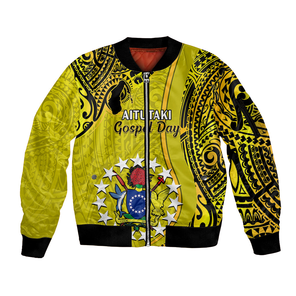 Personalised 27 October Aitutaki Island Gospel Day Sleeve Zip Bomber Jacket Cook Islands Tribal Pattern LT14 Unisex Gold - Polynesian Pride