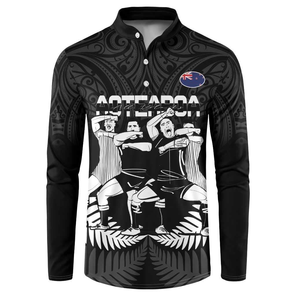 New Zealand Silver Fern Rugby Button Sweatshirt Haka Dance With Aotearoa Maori Pattern LT14 Black - Polynesian Pride