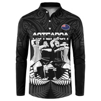 New Zealand Silver Fern Rugby Button Sweatshirt Haka Dance With Aotearoa Maori Pattern LT14 Black - Polynesian Pride