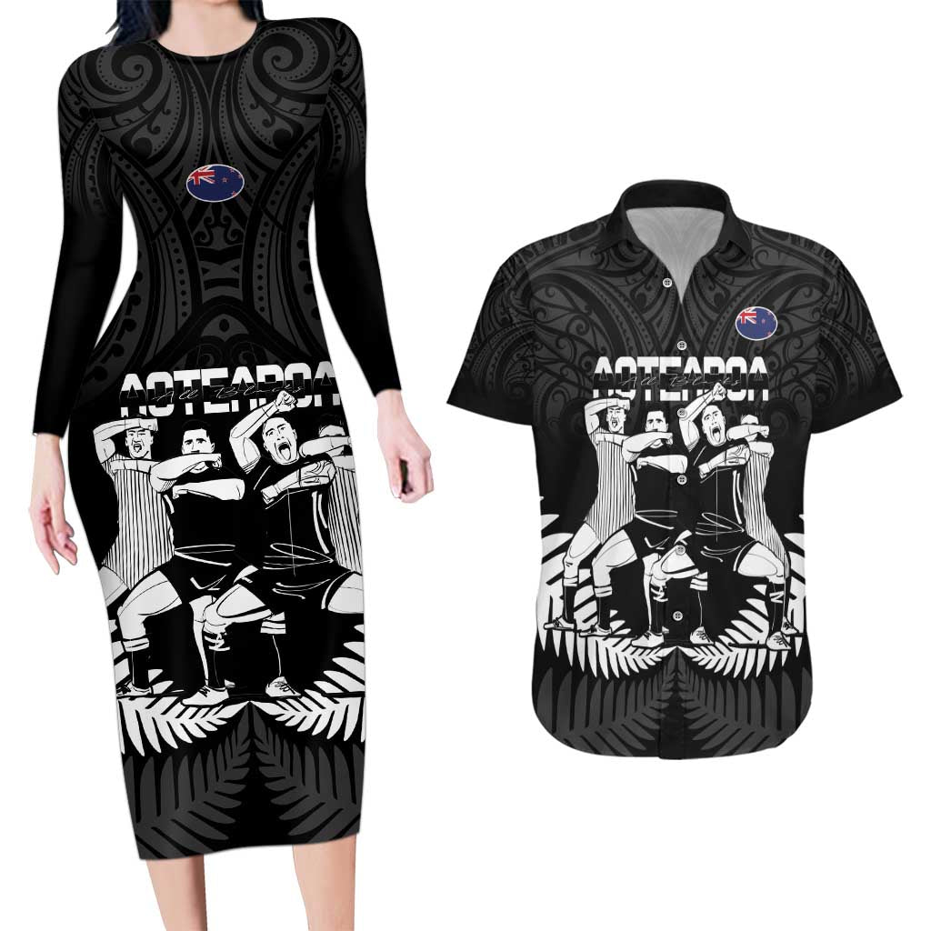 New Zealand Silver Fern Rugby Couples Matching Long Sleeve Bodycon Dress and Hawaiian Shirt Haka Dance With Aotearoa Maori Pattern LT14 Black - Polynesian Pride