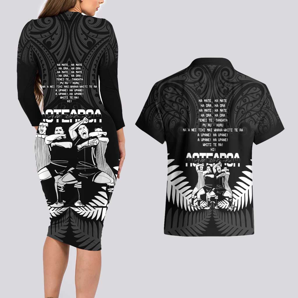 New Zealand Silver Fern Rugby Couples Matching Long Sleeve Bodycon Dress and Hawaiian Shirt Haka Dance With Aotearoa Maori Pattern LT14 - Polynesian Pride