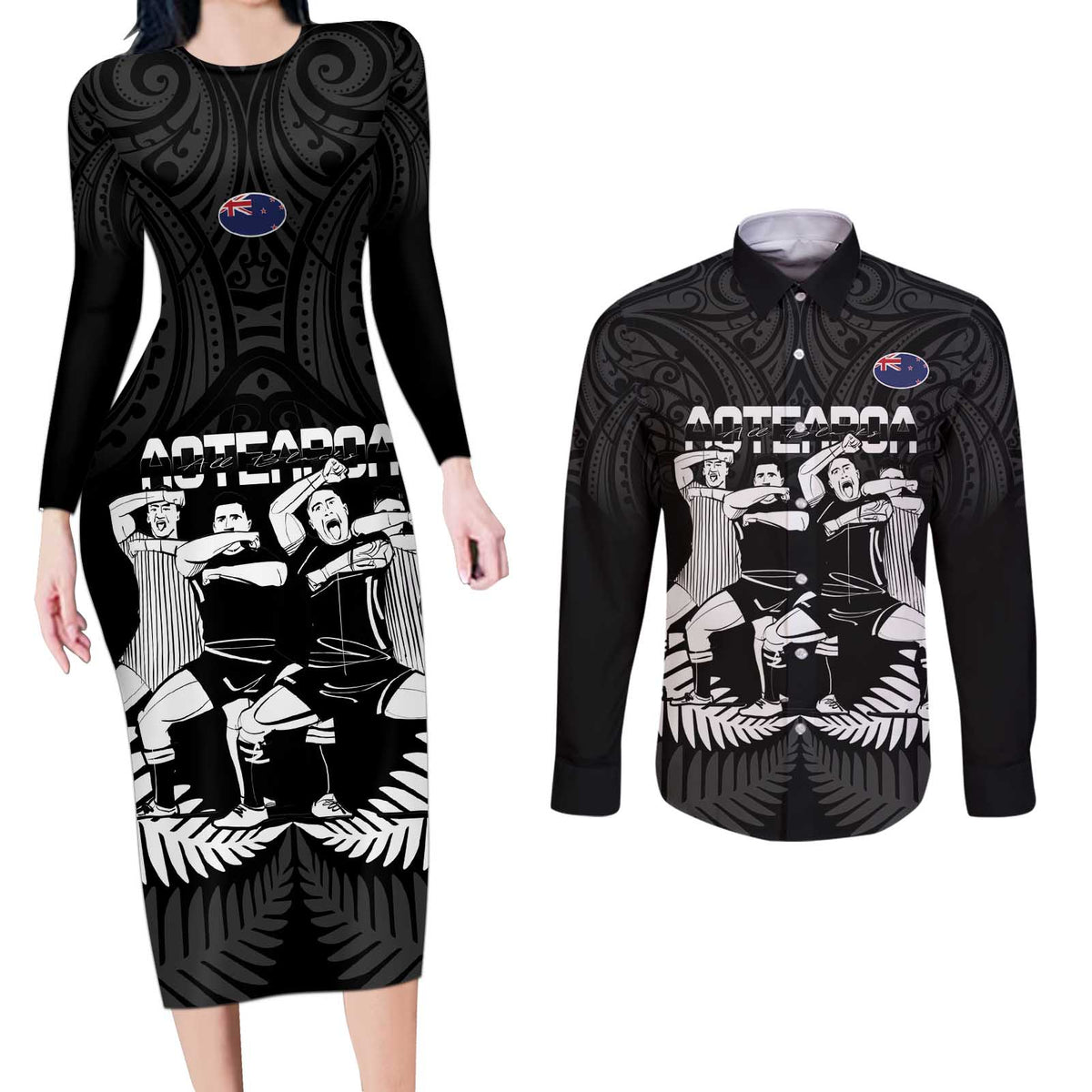 New Zealand Silver Fern Rugby Couples Matching Long Sleeve Bodycon Dress and Long Sleeve Button Shirt Haka Dance With Aotearoa Maori Pattern LT14 Black - Polynesian Pride
