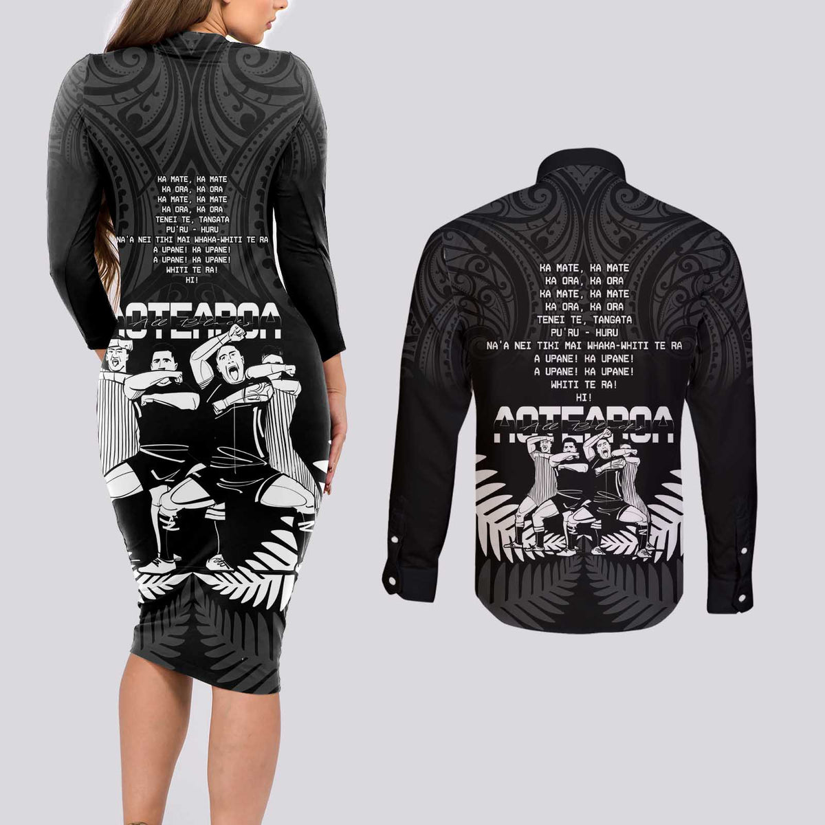 New Zealand Silver Fern Rugby Couples Matching Long Sleeve Bodycon Dress and Long Sleeve Button Shirt Haka Dance With Aotearoa Maori Pattern LT14 - Polynesian Pride