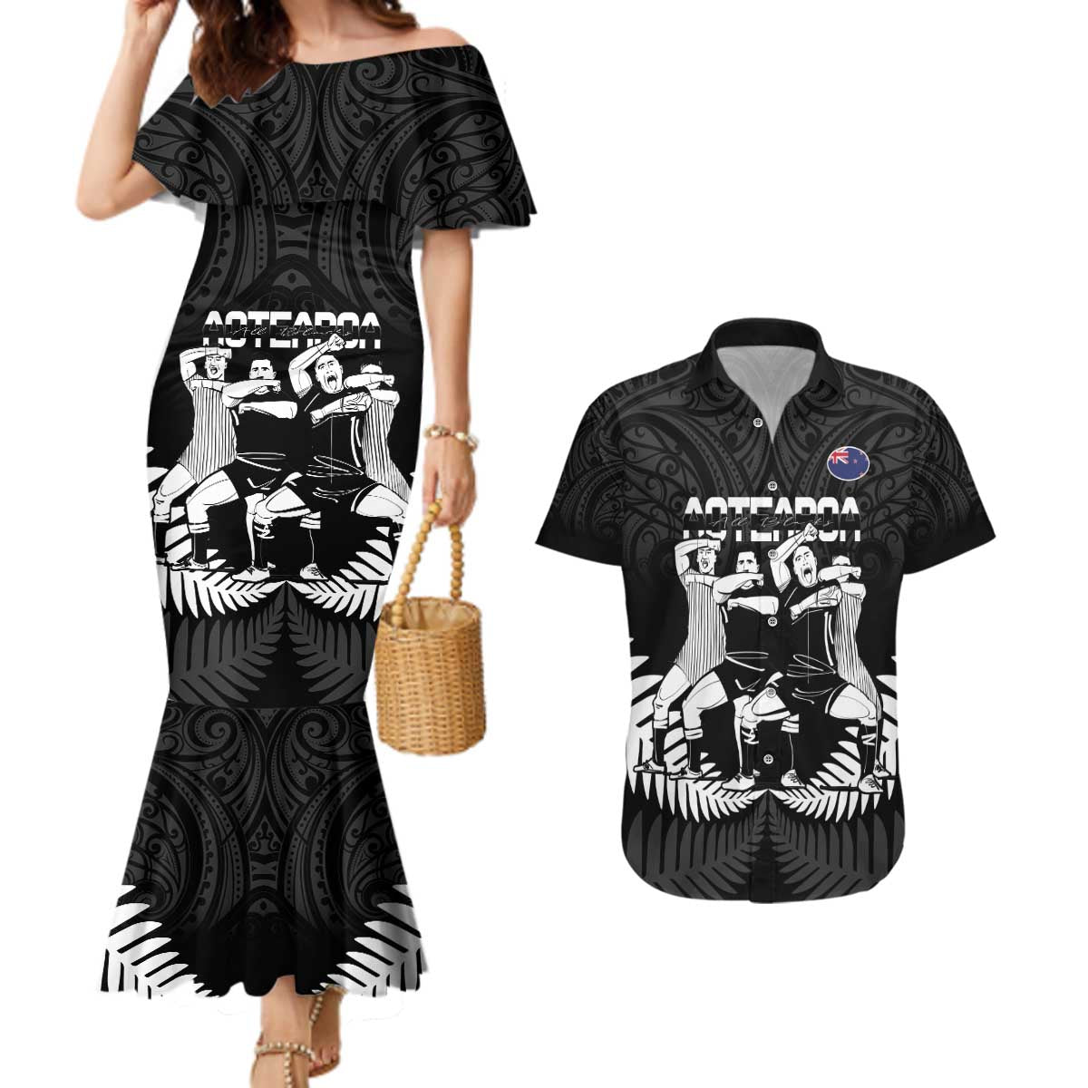 New Zealand Silver Fern Rugby Couples Matching Mermaid Dress and Hawaiian Shirt Haka Dance With Aotearoa Maori Pattern