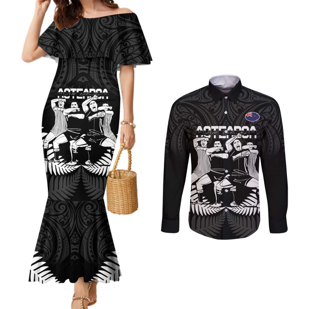 New Zealand Silver Fern Rugby Couples Matching Mermaid Dress and Long Sleeve Button Shirt Haka Dance With Aotearoa Maori Pattern LT14 Black - Polynesian Pride