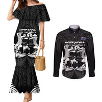 New Zealand Silver Fern Rugby Couples Matching Mermaid Dress and Long Sleeve Button Shirt Haka Dance With Aotearoa Maori Pattern LT14 Black - Polynesian Pride