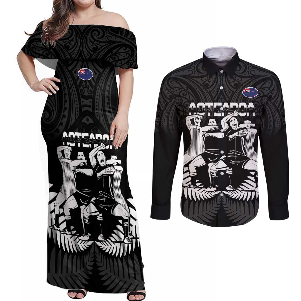 New Zealand Silver Fern Rugby Couples Matching Off Shoulder Maxi Dress and Long Sleeve Button Shirt Haka Dance With Aotearoa Maori Pattern LT14 Black - Polynesian Pride