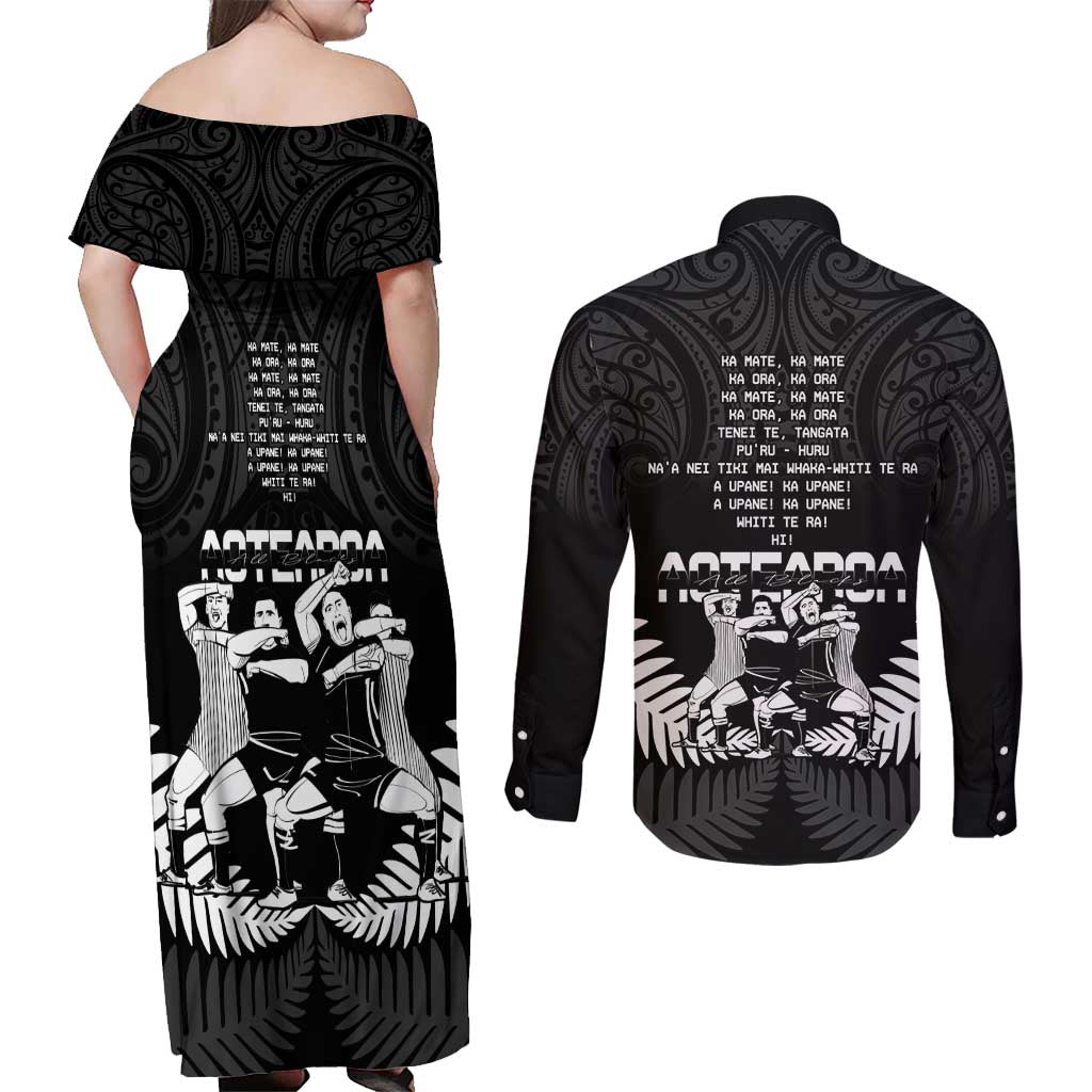 New Zealand Silver Fern Rugby Couples Matching Off Shoulder Maxi Dress and Long Sleeve Button Shirt Haka Dance With Aotearoa Maori Pattern LT14 - Polynesian Pride