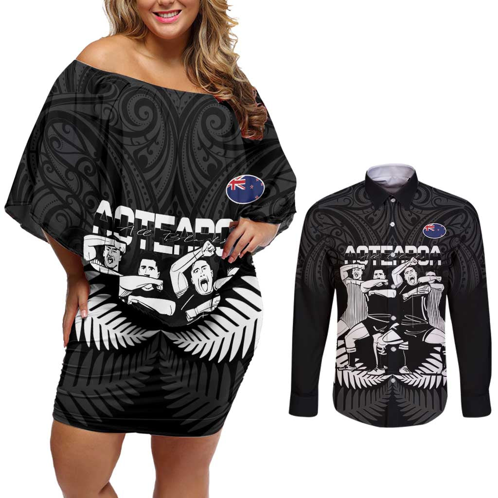 New Zealand Silver Fern Rugby Couples Matching Off Shoulder Short Dress and Long Sleeve Button Shirt Haka Dance With Aotearoa Maori Pattern LT14 Black - Polynesian Pride