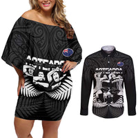 New Zealand Silver Fern Rugby Couples Matching Off Shoulder Short Dress and Long Sleeve Button Shirt Haka Dance With Aotearoa Maori Pattern LT14 Black - Polynesian Pride