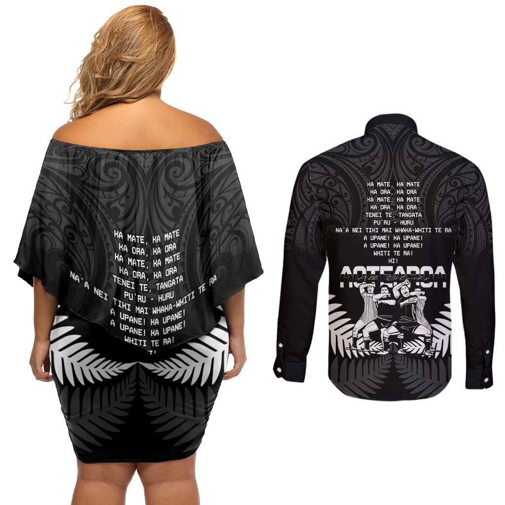 New Zealand Silver Fern Rugby Couples Matching Off Shoulder Short Dress and Long Sleeve Button Shirt Haka Dance With Aotearoa Maori Pattern LT14 - Polynesian Pride