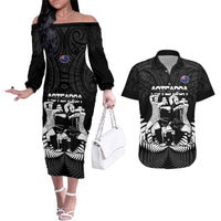 New Zealand Silver Fern Rugby Couples Matching Off The Shoulder Long Sleeve Dress and Hawaiian Shirt Haka Dance With Aotearoa Maori Pattern LT14 Black - Polynesian Pride