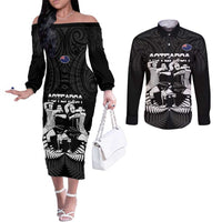 New Zealand Silver Fern Rugby Couples Matching Off The Shoulder Long Sleeve Dress and Long Sleeve Button Shirt Haka Dance With Aotearoa Maori Pattern LT14 Black - Polynesian Pride