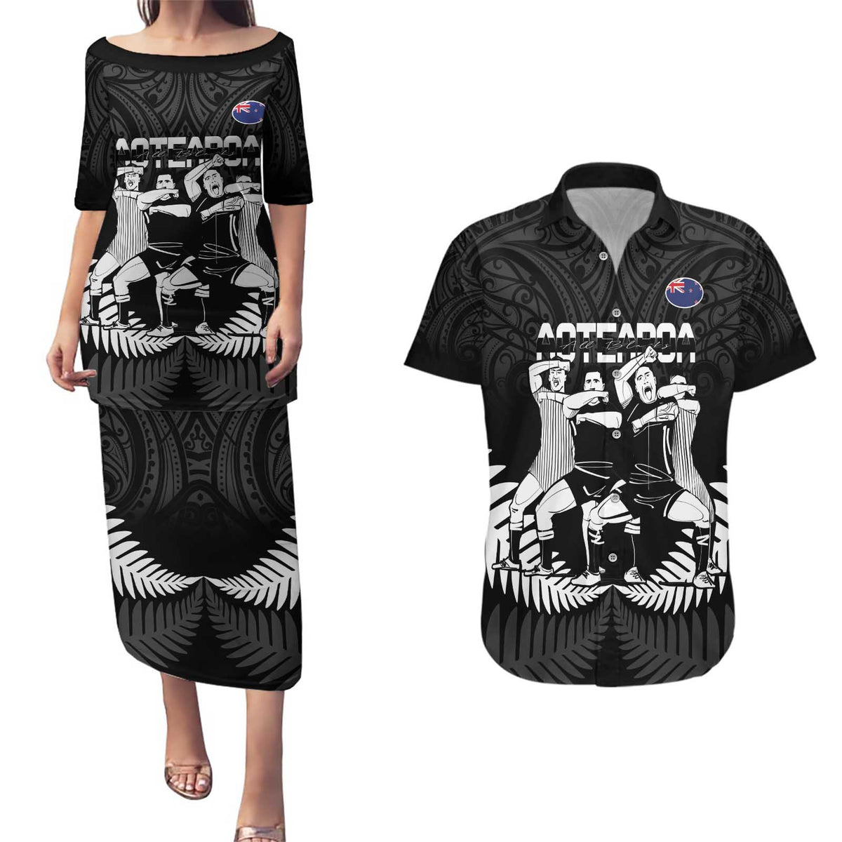 New Zealand Silver Fern Rugby Couples Matching Puletasi and Hawaiian Shirt Haka Dance With Aotearoa Maori Pattern LT14 Black - Polynesian Pride