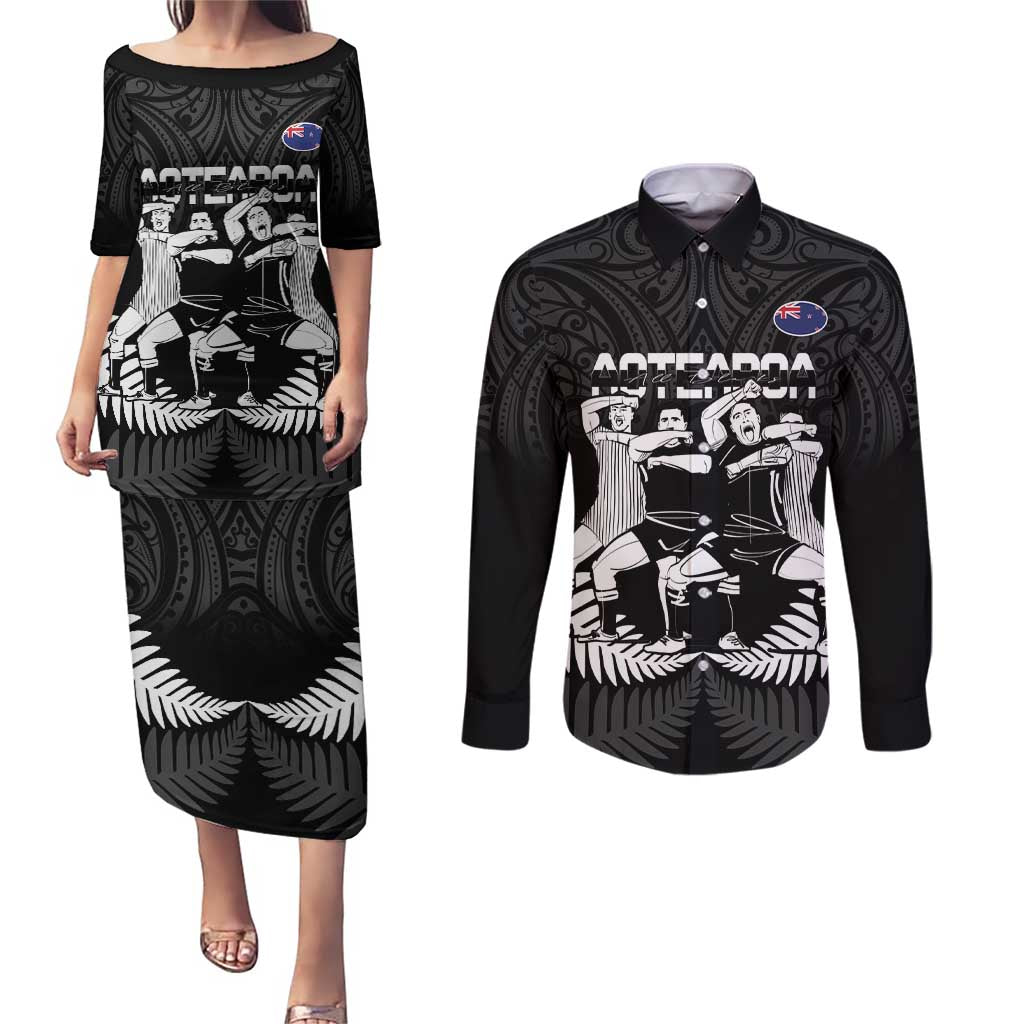 New Zealand Silver Fern Rugby Couples Matching Puletasi and Long Sleeve Button Shirt Haka Dance With Aotearoa Maori Pattern LT14 Black - Polynesian Pride
