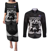 New Zealand Silver Fern Rugby Couples Matching Puletasi and Long Sleeve Button Shirt Haka Dance With Aotearoa Maori Pattern LT14 Black - Polynesian Pride
