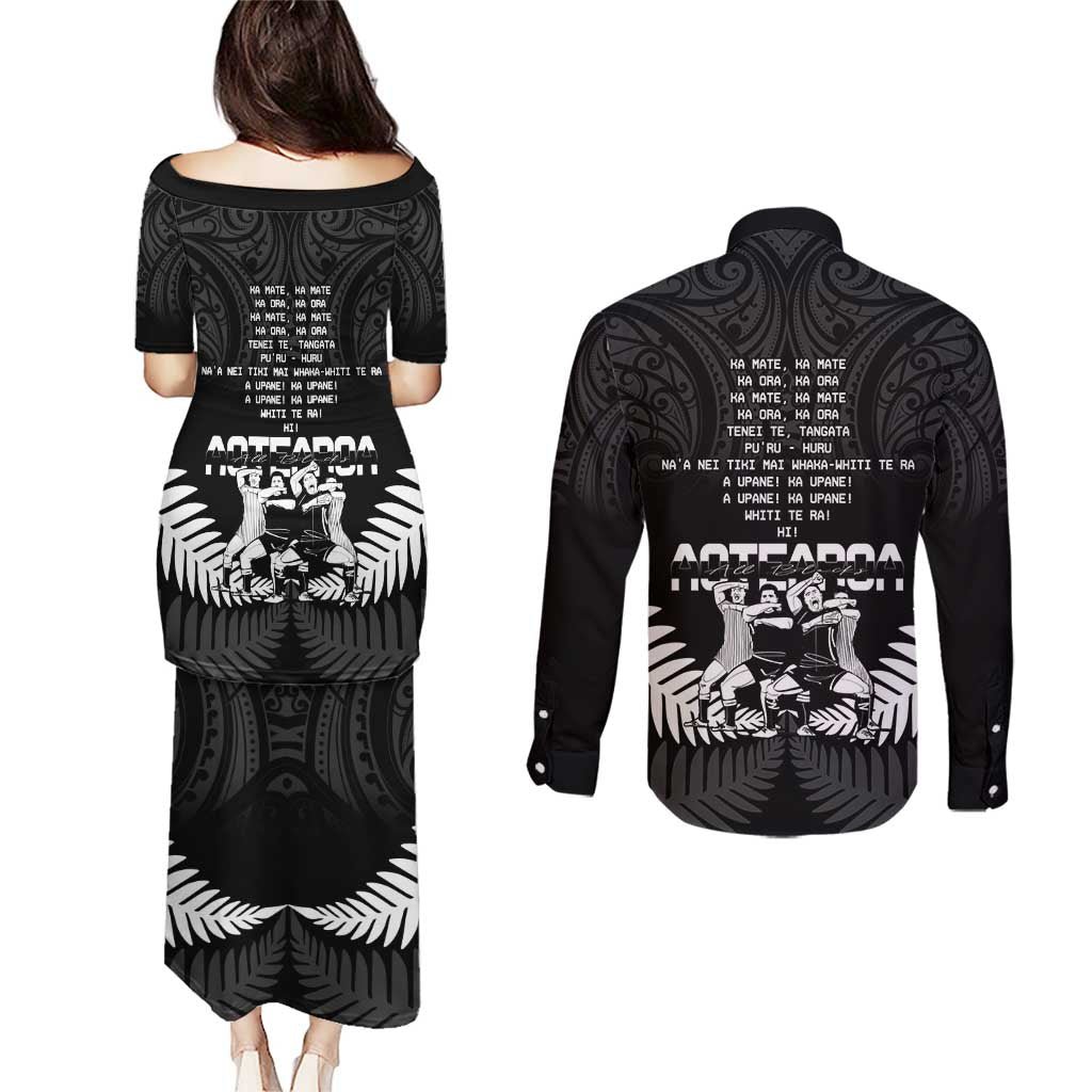 New Zealand Silver Fern Rugby Couples Matching Puletasi and Long Sleeve Button Shirt Haka Dance With Aotearoa Maori Pattern LT14 - Polynesian Pride