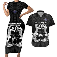 New Zealand Silver Fern Rugby Couples Matching Short Sleeve Bodycon Dress and Hawaiian Shirt Haka Dance With Aotearoa Maori Pattern LT14 Black - Polynesian Pride