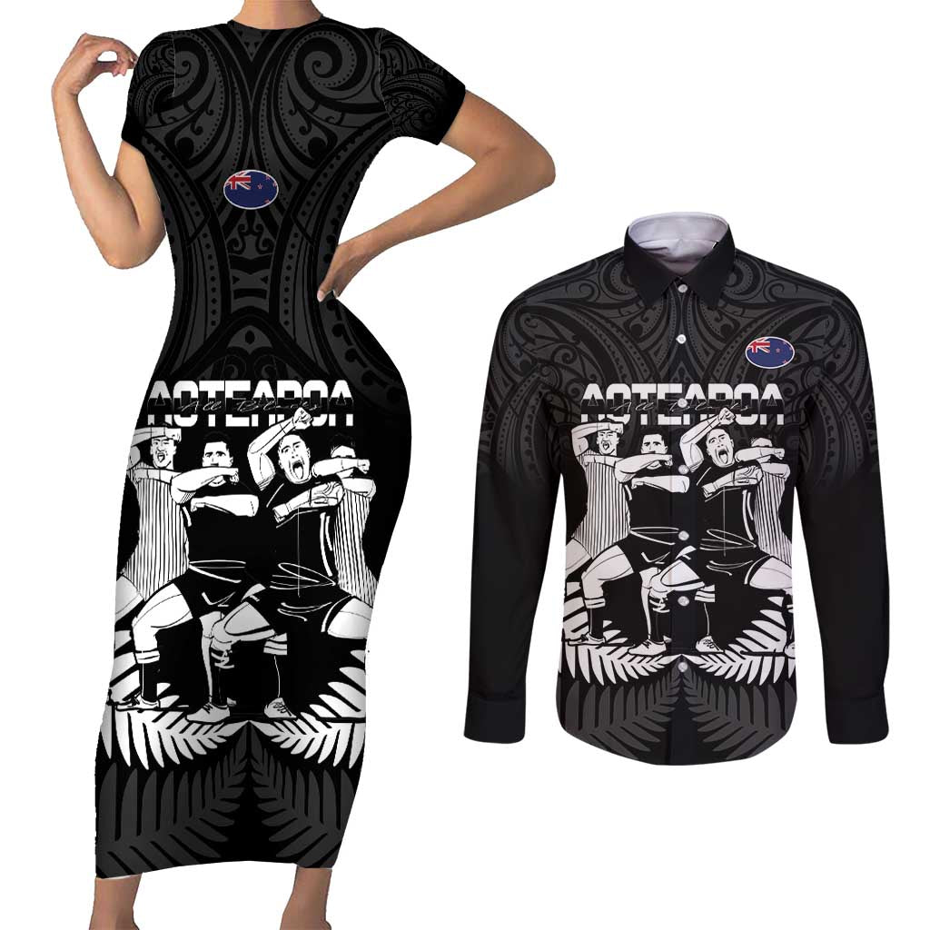 New Zealand Silver Fern Rugby Couples Matching Short Sleeve Bodycon Dress and Long Sleeve Button Shirt Haka Dance With Aotearoa Maori Pattern LT14 Black - Polynesian Pride
