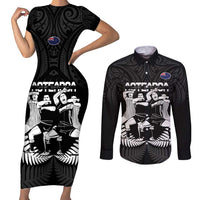 New Zealand Silver Fern Rugby Couples Matching Short Sleeve Bodycon Dress and Long Sleeve Button Shirt Haka Dance With Aotearoa Maori Pattern LT14 Black - Polynesian Pride
