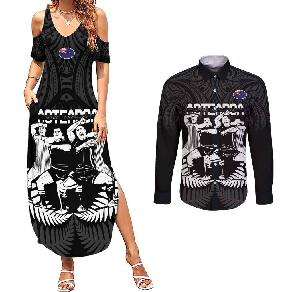 New Zealand Silver Fern Rugby Couples Matching Summer Maxi Dress and Long Sleeve Button Shirt Haka Dance With Aotearoa Maori Pattern LT14 Black - Polynesian Pride