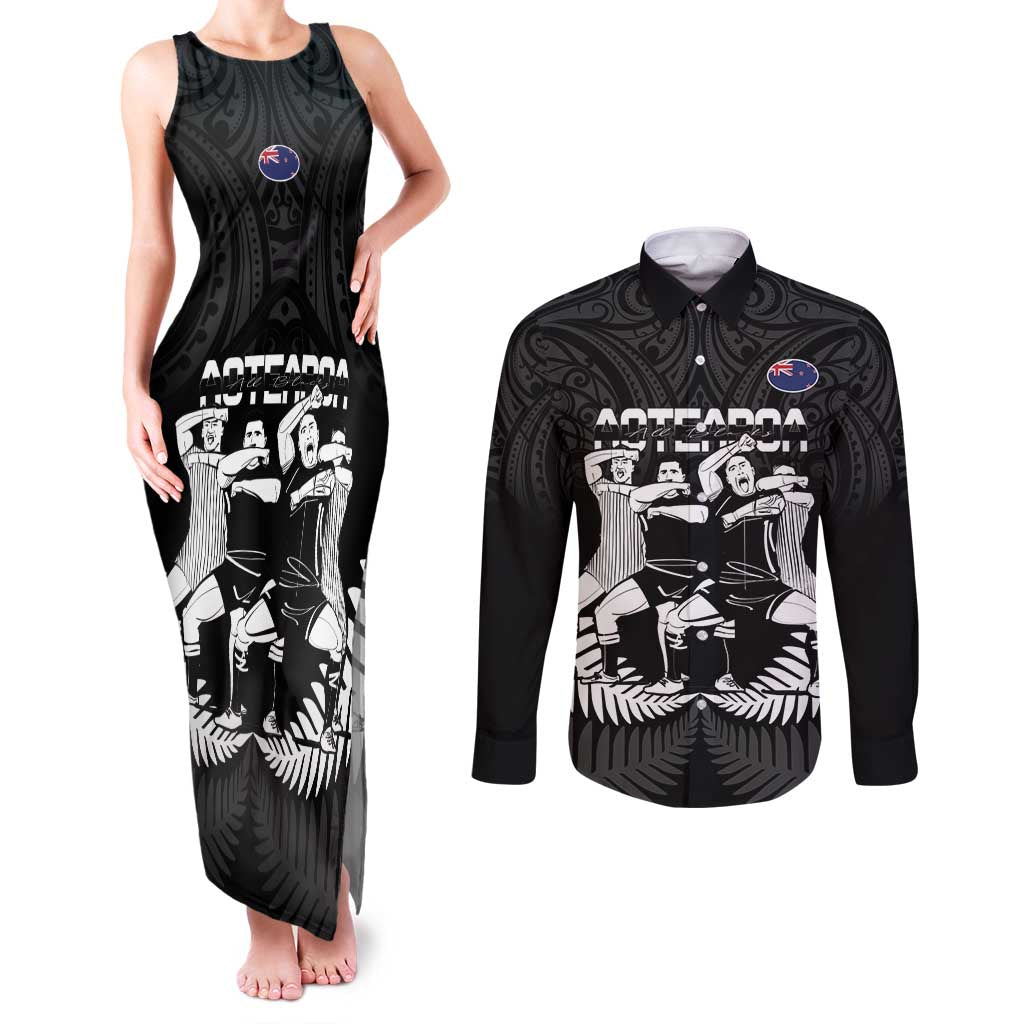 New Zealand Silver Fern Rugby Couples Matching Tank Maxi Dress and Long Sleeve Button Shirt Haka Dance With Aotearoa Maori Pattern LT14 Black - Polynesian Pride