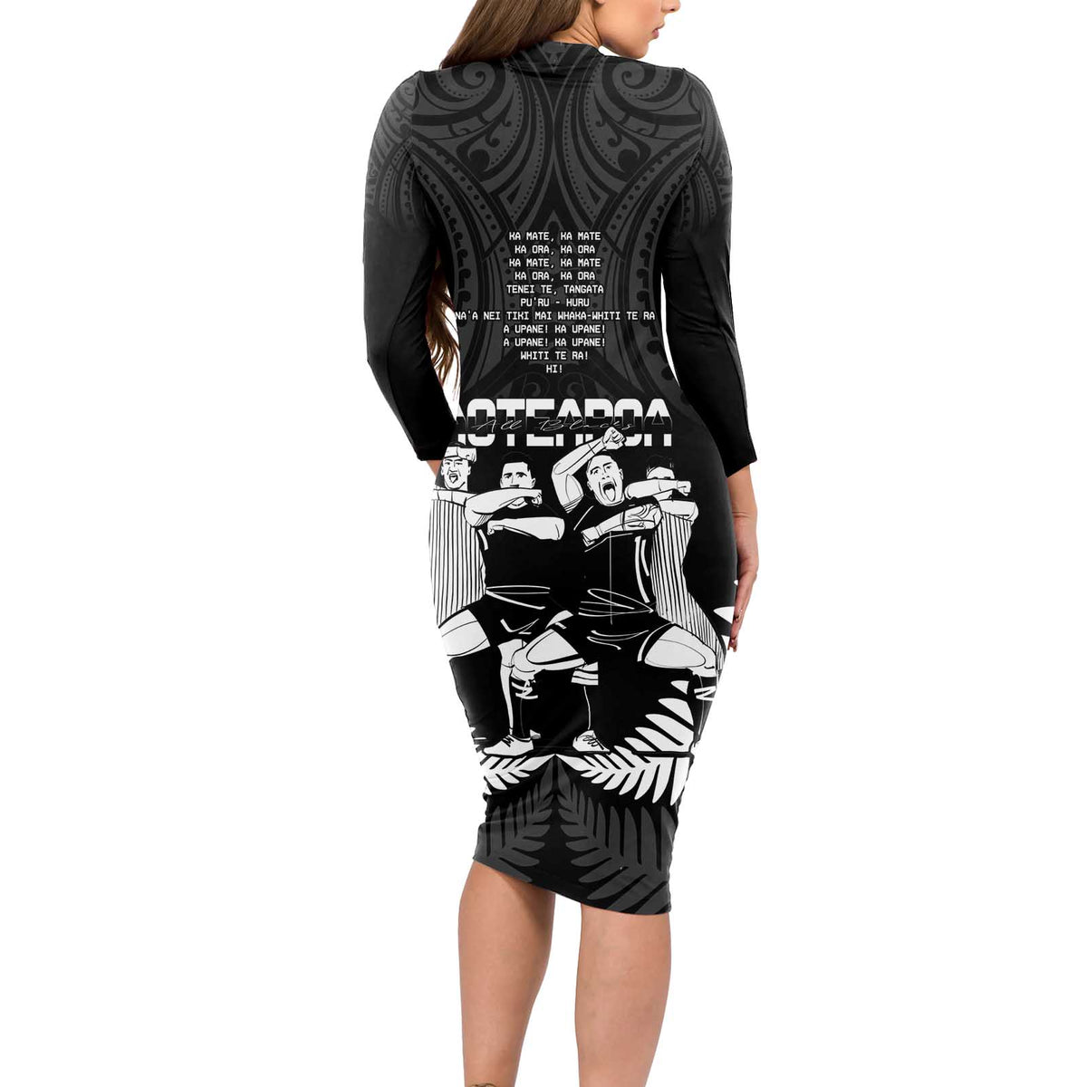 New Zealand Silver Fern Rugby Long Sleeve Bodycon Dress Haka Dance With Aotearoa Maori Pattern LT14 - Polynesian Pride