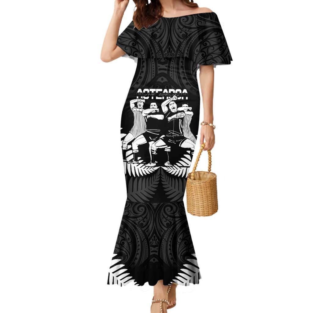 New Zealand Silver Fern Rugby Mermaid Dress Haka Dance With Aotearoa Maori Pattern LT14 Women Black - Polynesian Pride