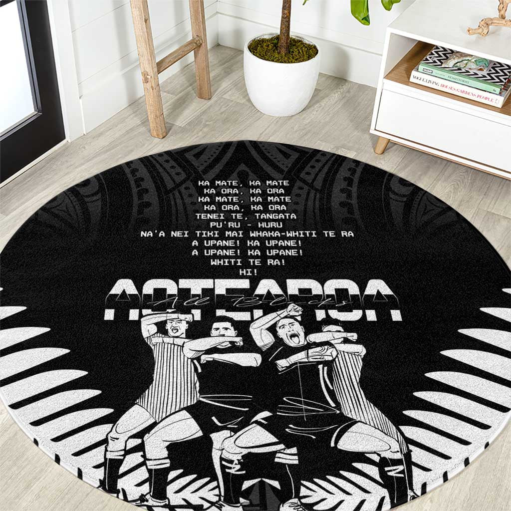 New Zealand Silver Fern Rugby Round Carpet Haka Dance With Aotearoa Maori Pattern LT14 Black - Polynesian Pride