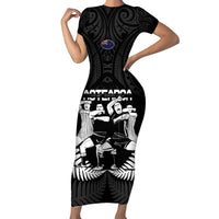 New Zealand Silver Fern Rugby Short Sleeve Bodycon Dress Haka Dance With Aotearoa Maori Pattern LT14 Long Dress Black - Polynesian Pride