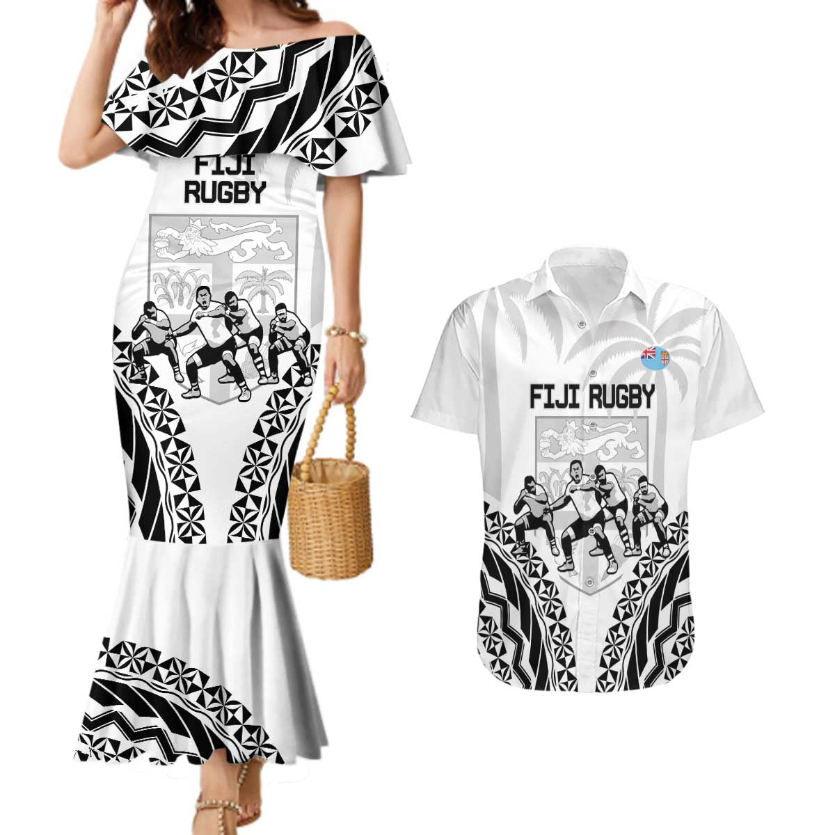 Fiji Tapa Rugby Couples Matching Mermaid Dress and Hawaiian Shirt Cibi Dance With Fijian Pattern LT14 White - Polynesian Pride