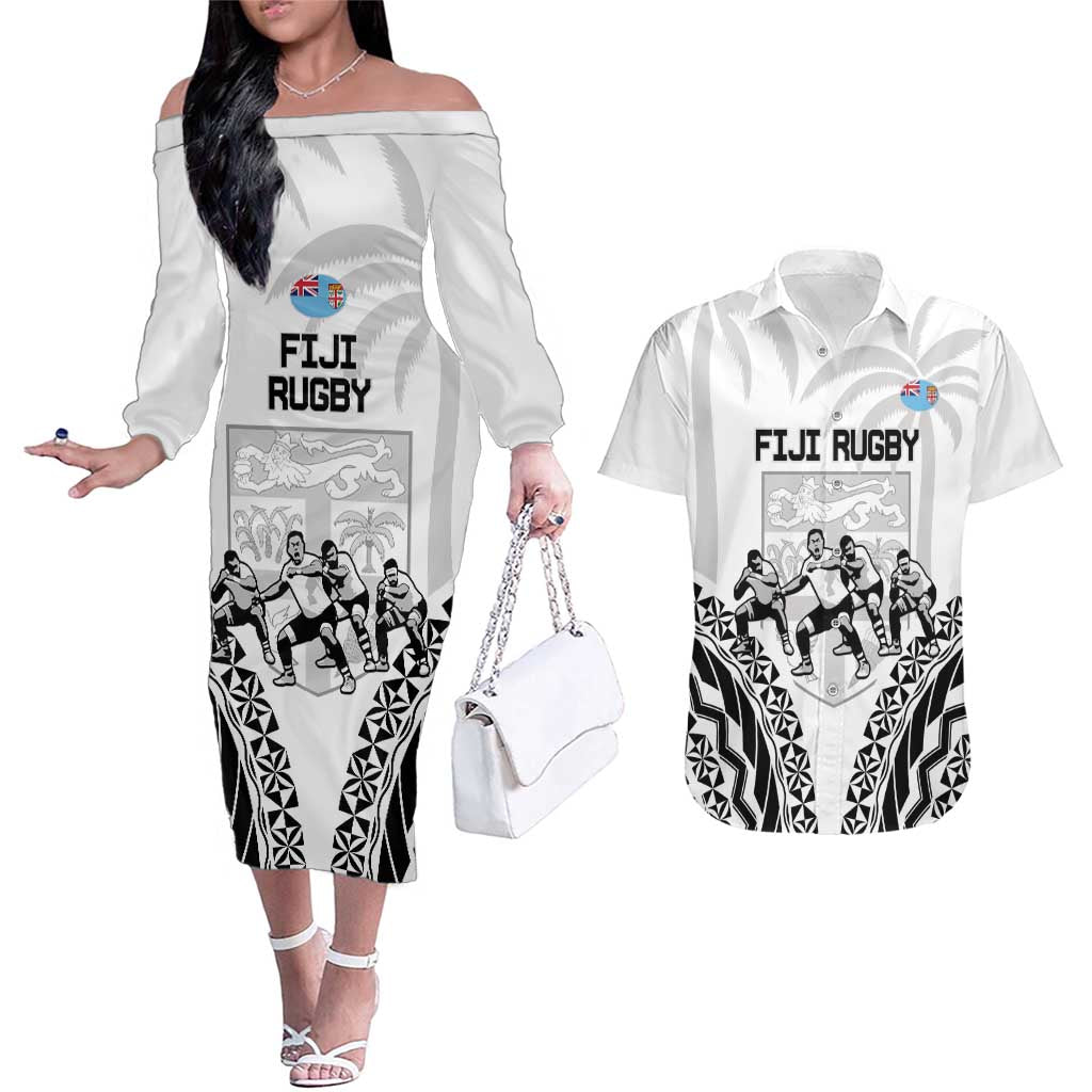 Fiji Tapa Rugby Couples Matching Off The Shoulder Long Sleeve Dress and Hawaiian Shirt Cibi Dance With Fijian Pattern LT14 White - Polynesian Pride