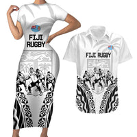 Fiji Tapa Rugby Couples Matching Short Sleeve Bodycon Dress and Hawaiian Shirt Cibi Dance With Fijian Pattern LT14 White - Polynesian Pride