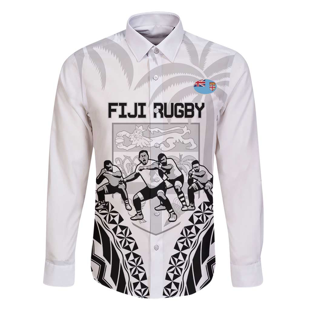 Fiji Tapa Rugby Family Matching Mermaid Dress and Hawaiian Shirt Cibi Dance With Fijian Pattern LT14 Dad's Shirt - Long Sleeve White - Polynesian Pride