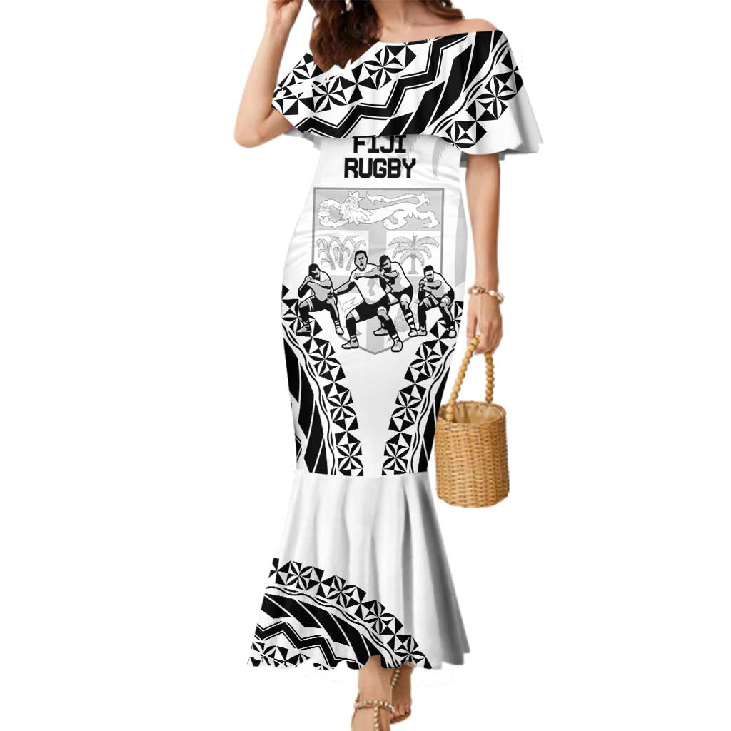 Fiji Tapa Rugby Family Matching Mermaid Dress and Hawaiian Shirt Cibi Dance With Fijian Pattern LT14 Mom's Dress White - Polynesian Pride