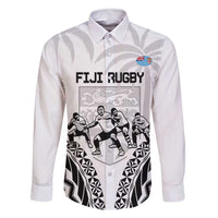 Fiji Tapa Rugby Family Matching Off Shoulder Maxi Dress and Hawaiian Shirt Cibi Dance With Fijian Pattern LT14 Dad's Shirt - Long Sleeve White - Polynesian Pride