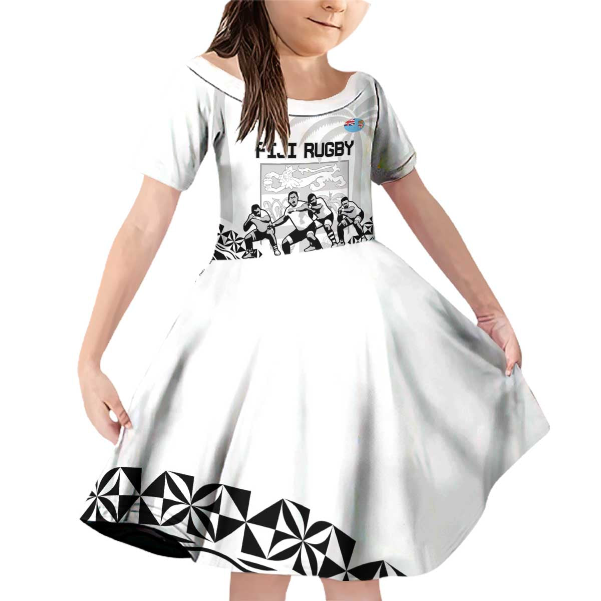 Fiji Tapa Rugby Family Matching Off Shoulder Short Dress and Hawaiian Shirt Cibi Dance With Fijian Pattern LT14 Daughter's Dress White - Polynesian Pride