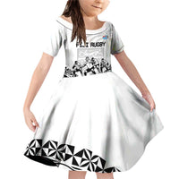 Fiji Tapa Rugby Family Matching Off Shoulder Short Dress and Hawaiian Shirt Cibi Dance With Fijian Pattern LT14 Daughter's Dress White - Polynesian Pride