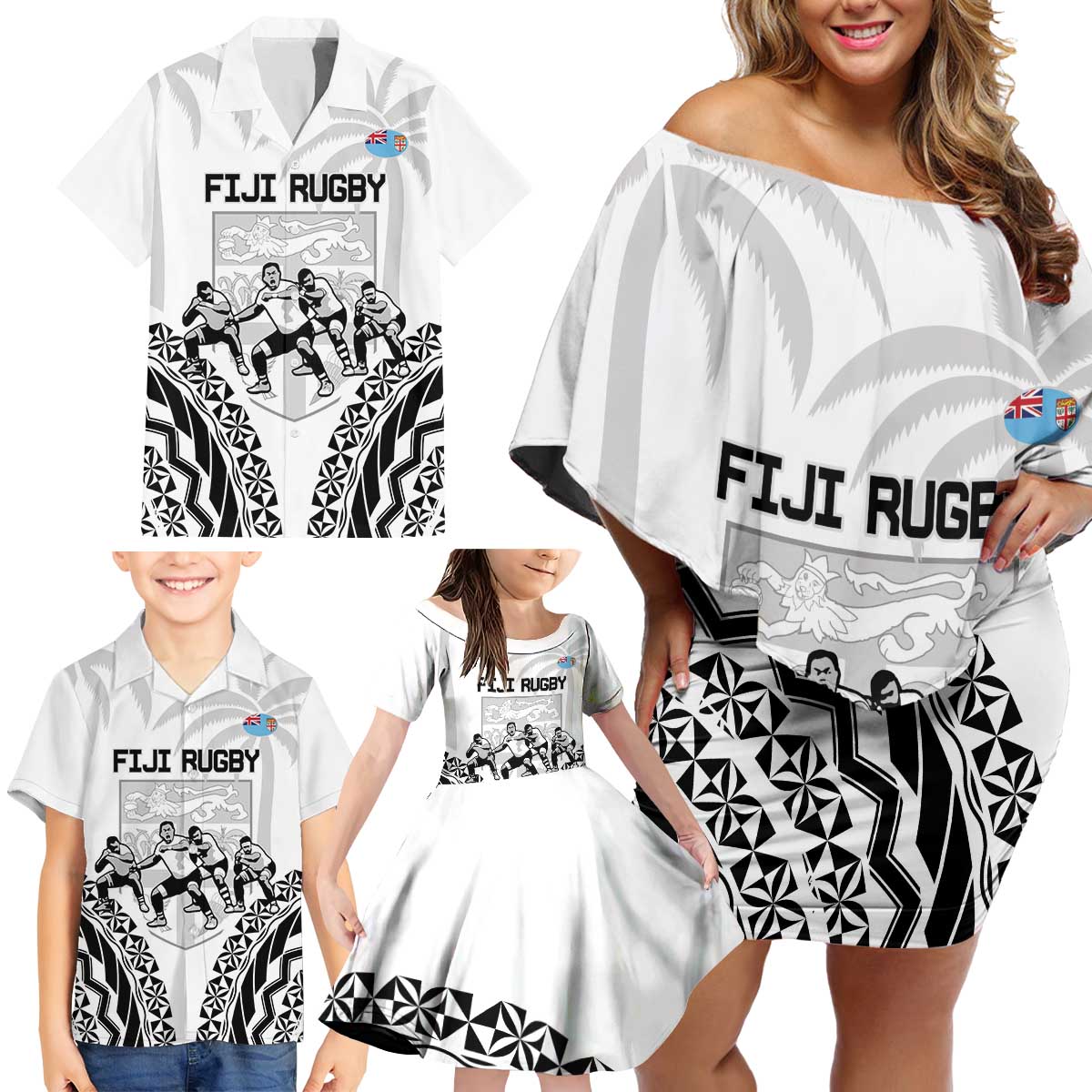 Fiji Tapa Rugby Family Matching Off Shoulder Short Dress and Hawaiian Shirt Cibi Dance With Fijian Pattern LT14 - Polynesian Pride