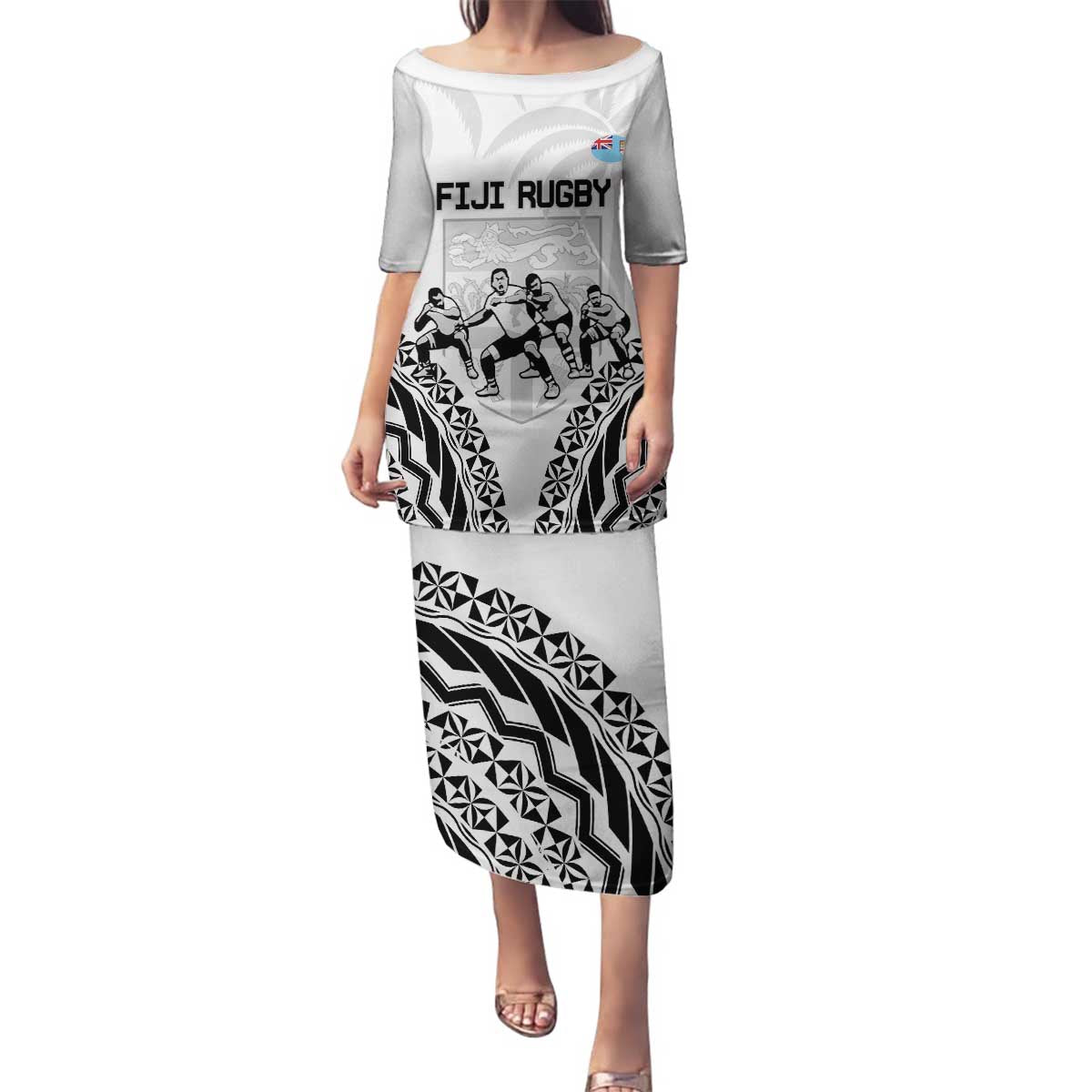 Fiji Tapa Rugby Family Matching Puletasi and Hawaiian Shirt Cibi Dance With Fijian Pattern LT14 Mom's Dress White - Polynesian Pride
