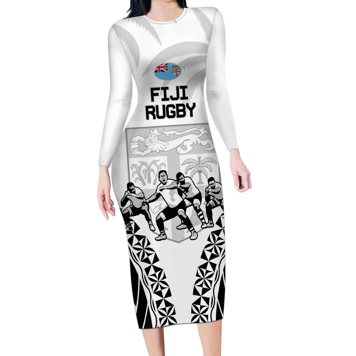 Fiji Tapa Rugby Long Sleeve Bodycon Dress Cibi Dance With Fijian Pattern LT14 Long Dress White - Polynesian Pride