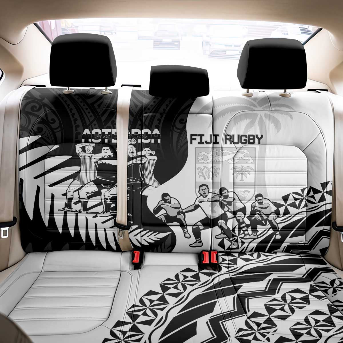 New Zealand And Fiji Tapa Rugby Back Car Seat Cover Haka Dance Mix Cibi Dance Together LT14 - Polynesian Pride