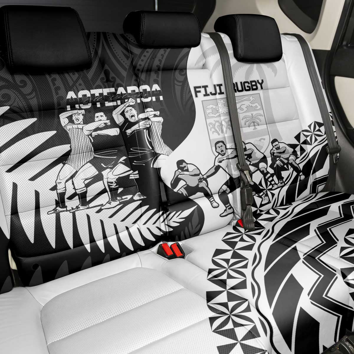 New Zealand And Fiji Tapa Rugby Back Car Seat Cover Haka Dance Mix Cibi Dance Together LT14 - Polynesian Pride
