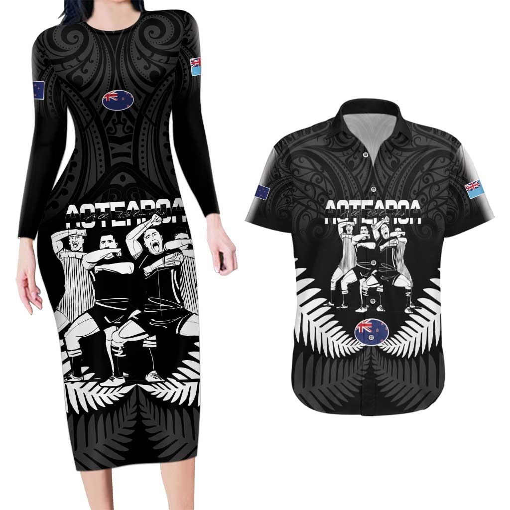 New Zealand And Fiji Tapa Rugby Couples Matching Long Sleeve Bodycon Dress and Hawaiian Shirt Haka Dance Mix Cibi Dance Together LT14 Black - Polynesian Pride