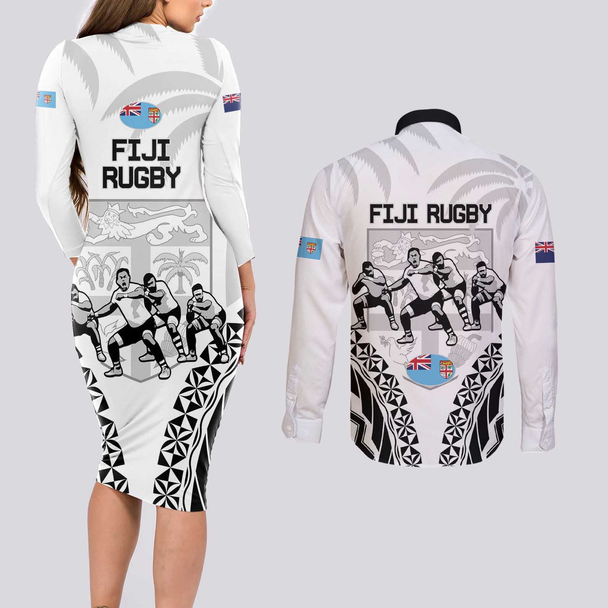 New Zealand And Fiji Tapa Rugby Couples Matching Long Sleeve Bodycon Dress and Long Sleeve Button Shirt Haka Dance Mix Cibi Dance Together LT14 - Polynesian Pride