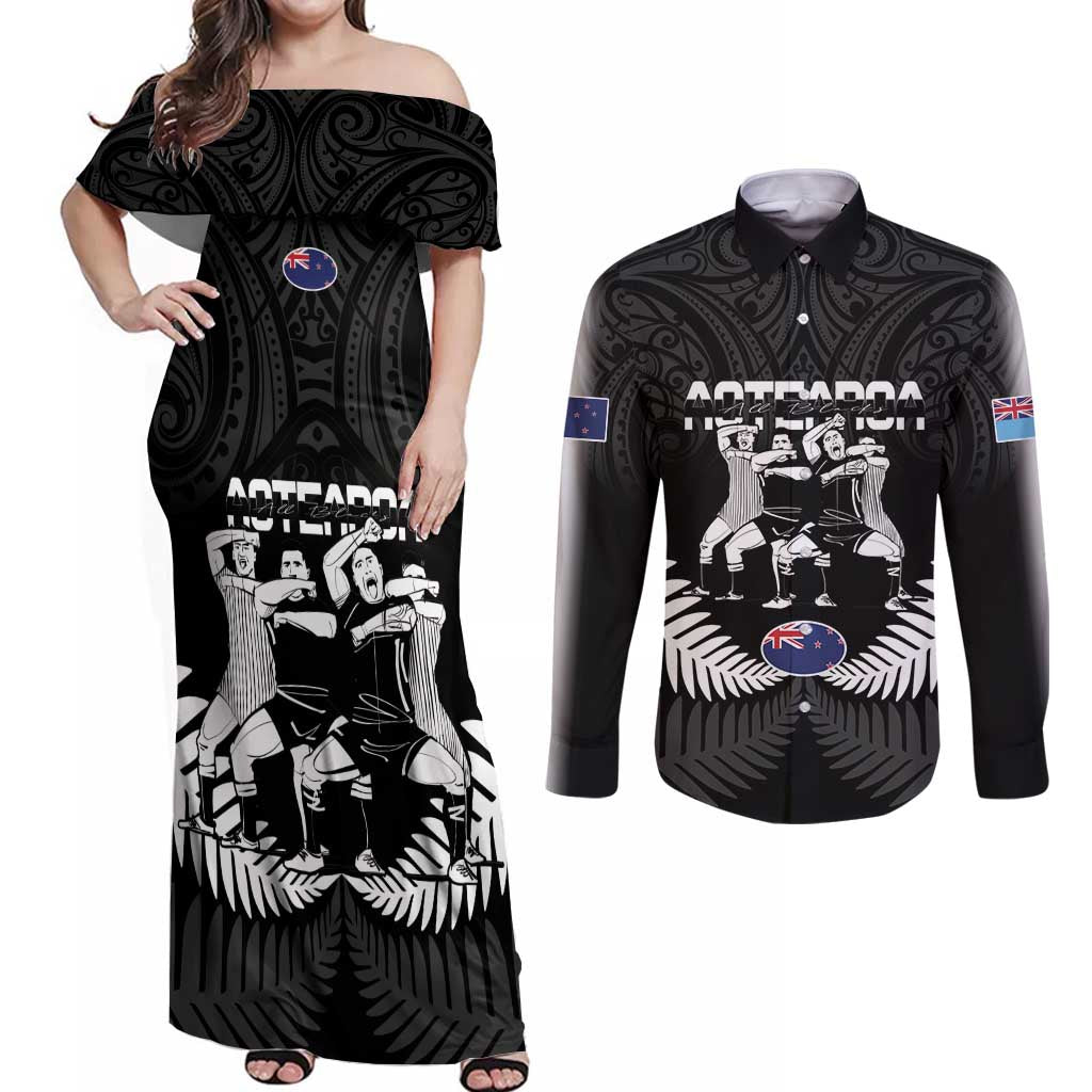 New Zealand And Fiji Tapa Rugby Couples Matching Off Shoulder Maxi Dress and Long Sleeve Button Shirt Haka Dance Mix Cibi Dance Together LT14 Black - Polynesian Pride