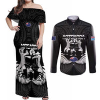 New Zealand And Fiji Tapa Rugby Couples Matching Off Shoulder Maxi Dress and Long Sleeve Button Shirt Haka Dance Mix Cibi Dance Together LT14 Black - Polynesian Pride