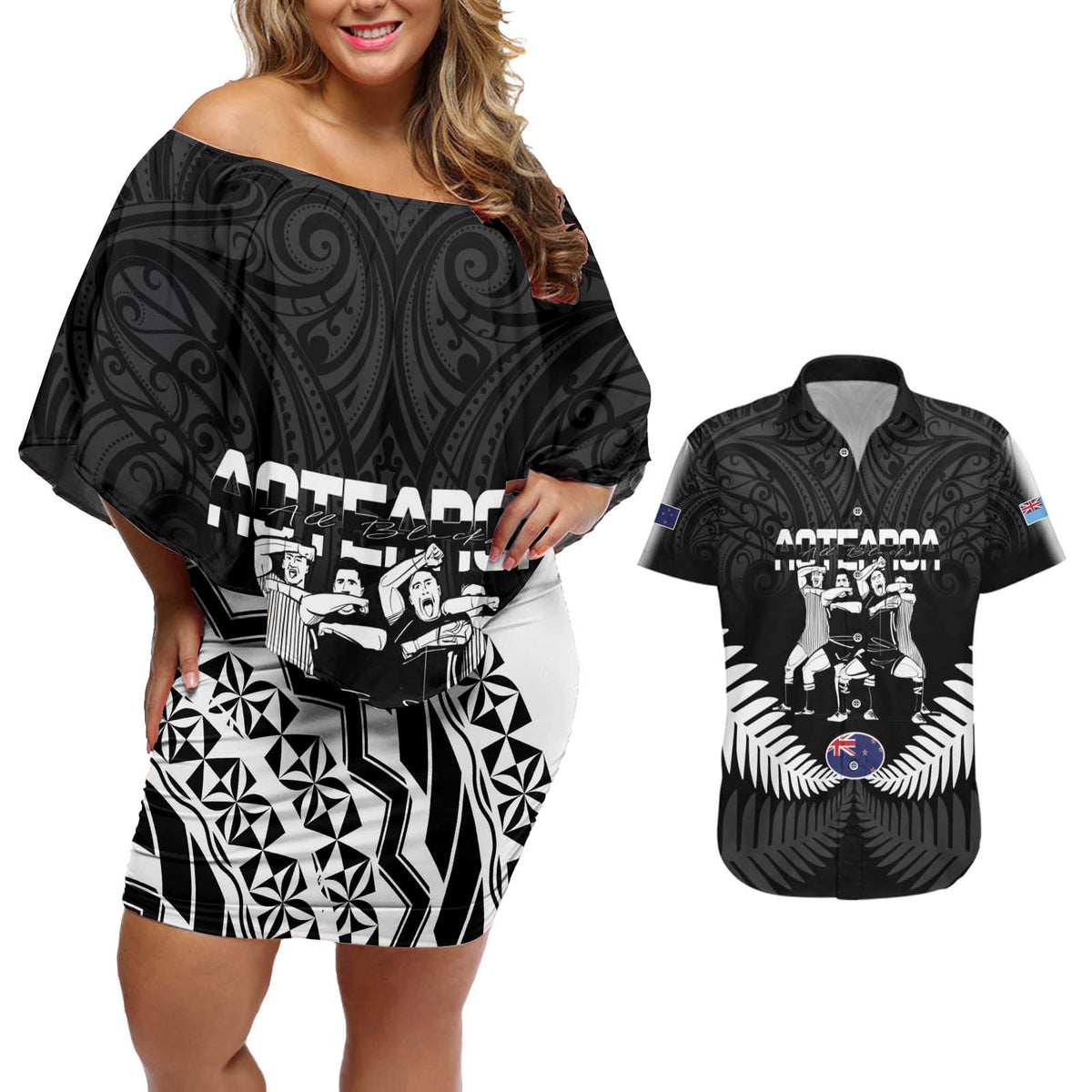 New Zealand And Fiji Tapa Rugby Couples Matching Off Shoulder Short Dress and Hawaiian Shirt Haka Dance Mix Cibi Dance Together LT14 Black - Polynesian Pride